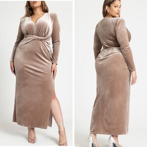 ELOQUII Lt Brown Champagne Velvet Long Sleeve Maxi Dress, Nwt, Size 22 Plus Size